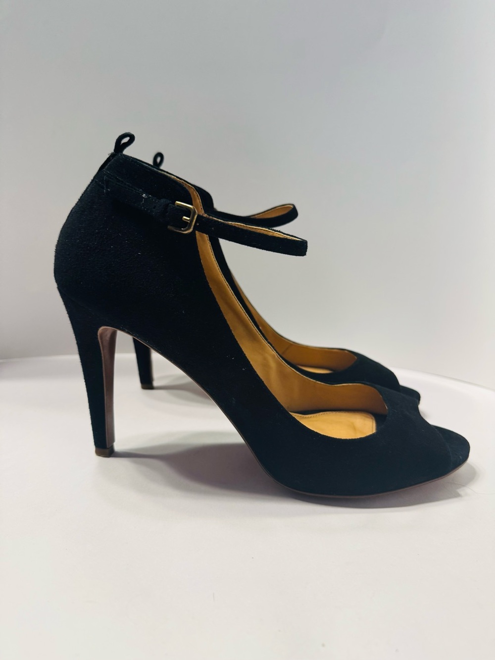 EUC J.Crew Collection Black Suede Peep Toe Ankle Strap Heels Made in Italy US11 - Picture 2 of 8